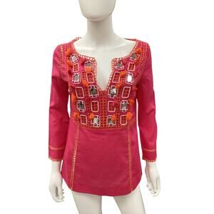 Tory Burch Top Women SZ S 100%Cotton Long Sleeve Little Mirrors Tassels Hot Pink